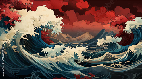 Abstract waves landscape with japanese style art illustration