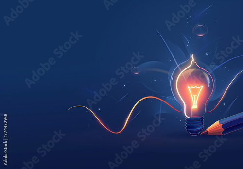 A light bulb is lit up on a blue background. The light bulb is surrounded by a stream of light, giving the impression of a glowing, creative, and inspiring idea