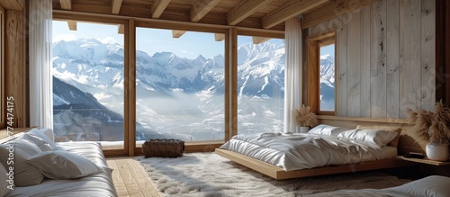 Serene Mountain Chalet Bedroom with Panoramic Snow Capped Peak Views