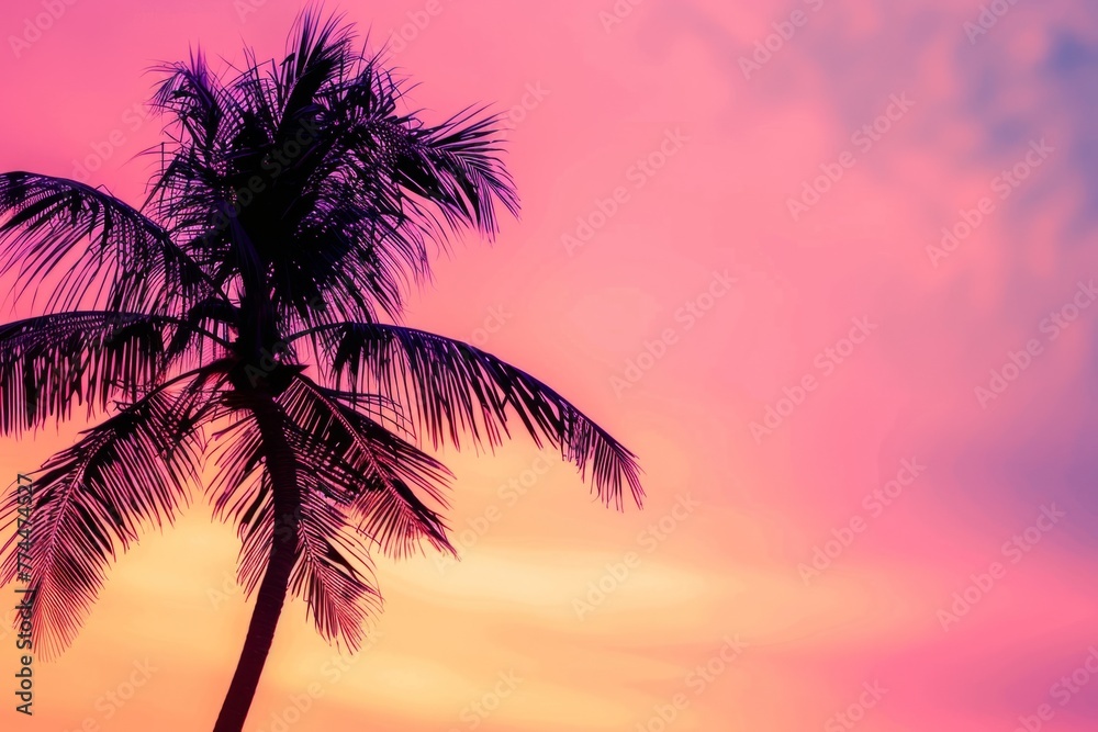 A vibrant pink and orange sunset sky with a palm tree silhouette creates an exotic tropical background for travel and vacation advertising Generative AI