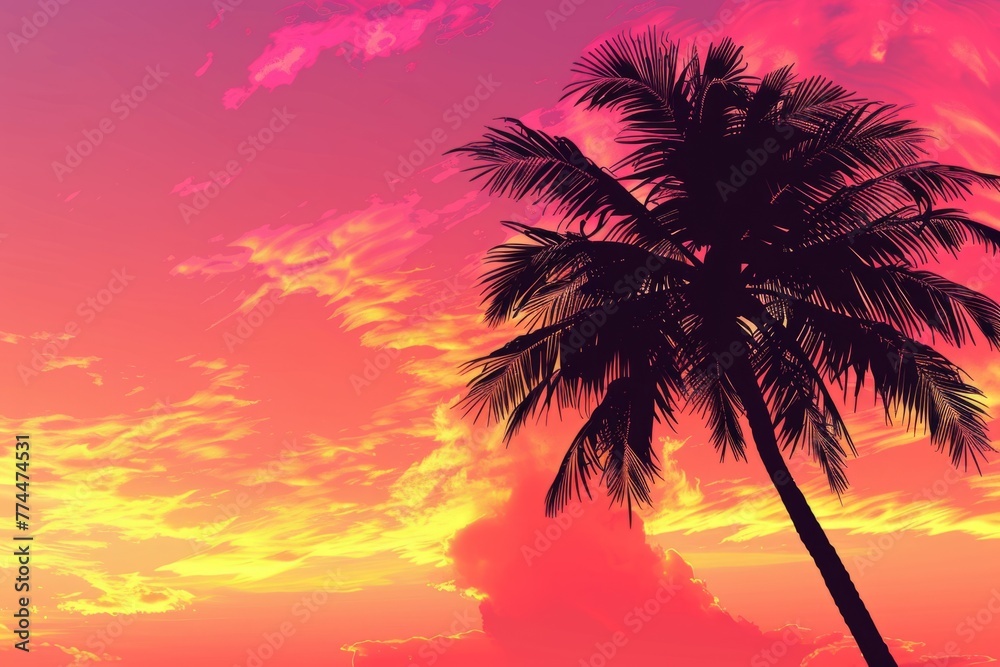 A vibrant pink and orange sunset sky with the silhouette of an isolated palm tree, creating a tropical vibe for your product presentation background Generative AI