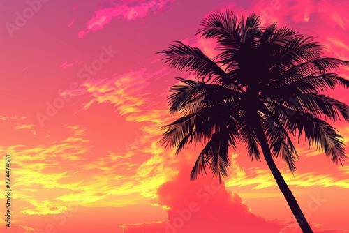 A vibrant pink and orange sunset sky with the silhouette of an isolated palm tree, creating a tropical vibe for your product presentation background Generative AI © SKIMP Art