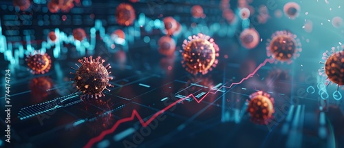 Stock market graph with interconnected Covid19 virus symbols illustrating the impact of the pandemic on financial markets. Concept Stock Market, Interconnected Symbols, Covid-19 Impact