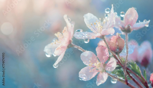 Beautiful pink cherry blossoms with water drops on blurred background. copy space for your text