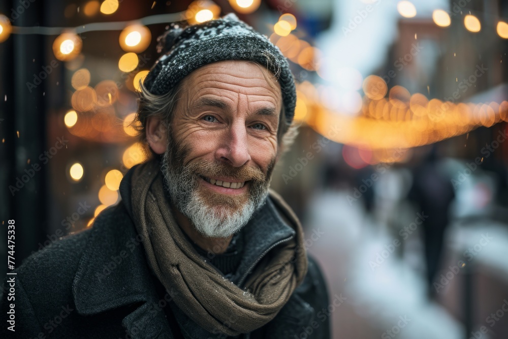 Portrait of a handsome senior man with a gray beard and mustache wearing a gray coat and a knitted hat on the background of Christmas lights.