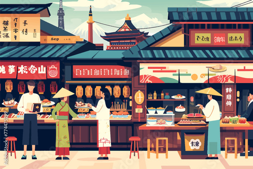 Flat design japanese market digital art illustration background