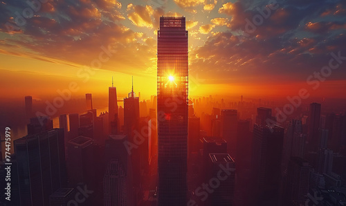 skycrapers tower with A sun set drone Aerial shot of skyscrapers of business centre generative ai