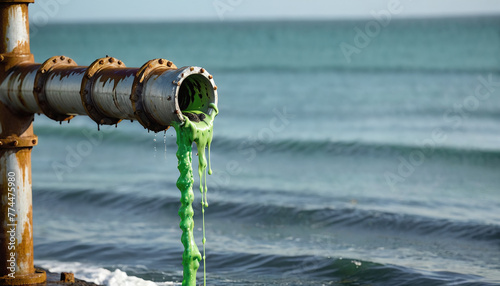Conceptual illustration of a toxic liquid being discharged directly into the sea from an industrial plant or leaking from a faulty pipeline - ai generated photo