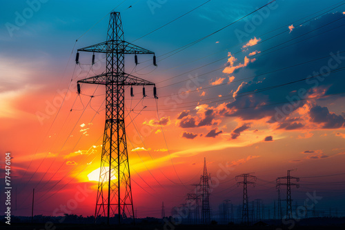 Electric high voltage power towers at sunset - AI Generated