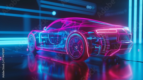 A futuristic self-driving car equipped with touch and motion sensors for enhanced safety, visualized as a holographic silhouette photo