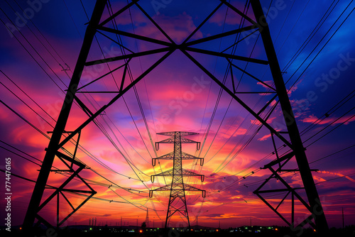 Electric high voltage power towers at sunset - AI Generated