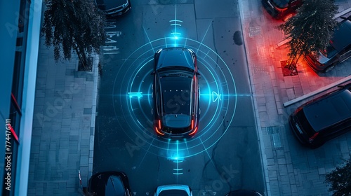 A smart car parking assist system is visualized from a top view, featuring autonomous technology for secure road scanning and self-parking photo