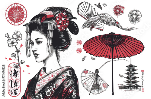 Minimalist and traditional Japanese decorative element seasonal illustration set collection