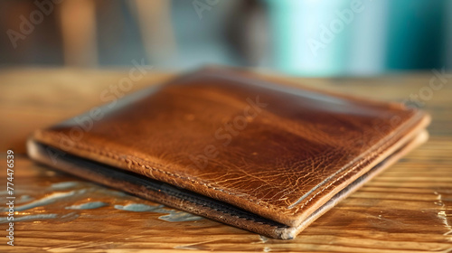 A premium leather wallet rests on a wooden table, minimalist in business style. Generative AI