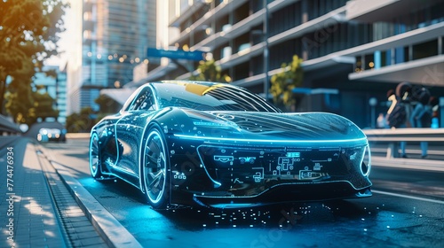 An electric vehicle is rendered with self-driving technology, showcasing the future of autonomous, driverless cars photo
