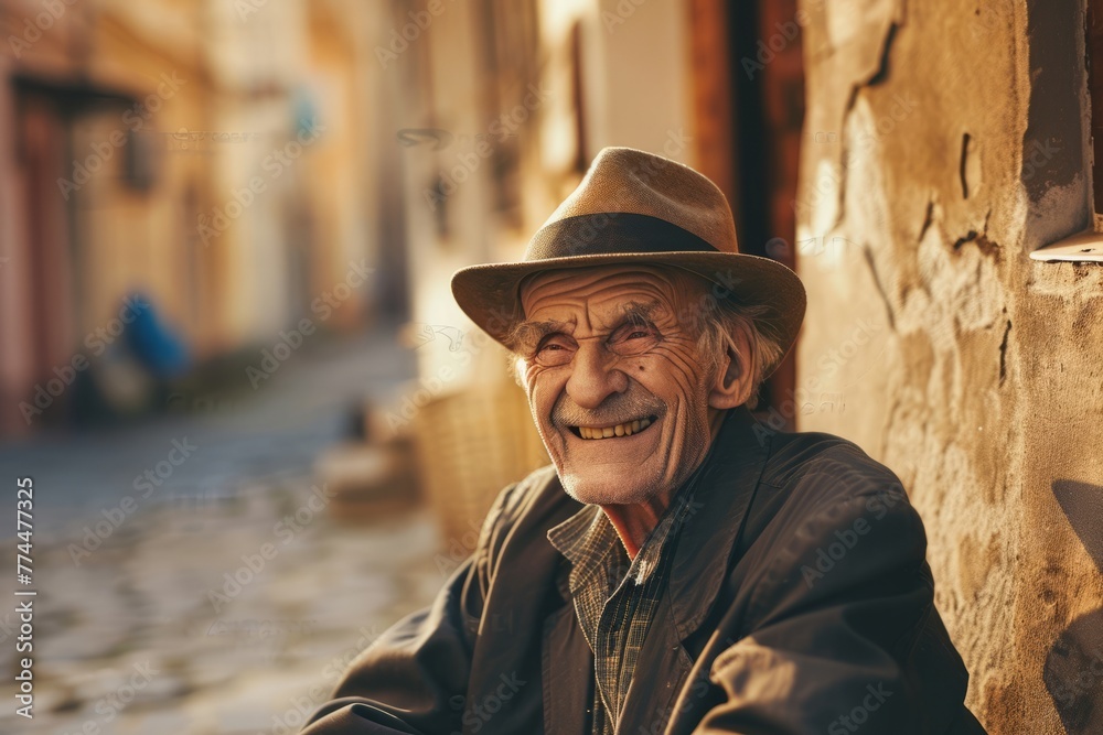 Portrait of an elderly man in a hat on the streets of the old city
