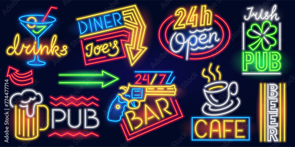 Set of fashion neon sign. Night bright signboard, Glowing light banner. Summer Club logo, emblem. Editable vector. Inscriptions Cafe, Pub on the background of a gun, drinks, beer