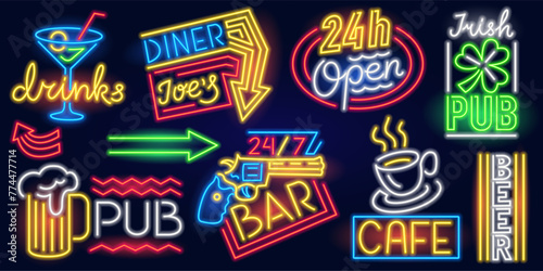 Set of fashion neon sign. Night bright signboard, Glowing light banner. Summer Club logo, emblem. Editable vector. Inscriptions Cafe, Pub on the background of a gun, drinks, beer