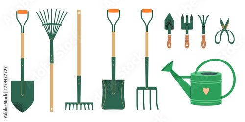 Set of garden tools made of metal, wood, plastic: rake, shovel, fan rakes, scoop, scissors, watering can. Cute vector illustration on white isolated background with textures.