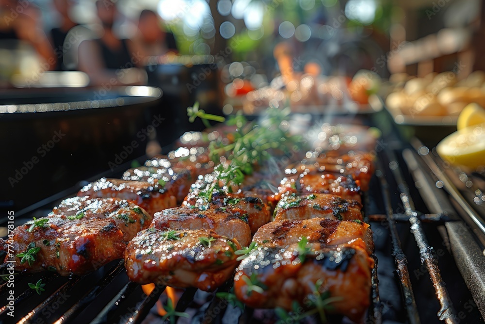 A close-up view showing a grill with meat sizzling on top, creating a delicious aroma perfect for a barbecue
