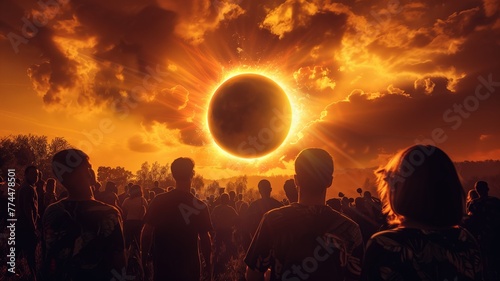 Silhouetted crowd watching a dramatic solar eclipse with vibrant orange sky
