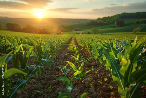 A corn field under the setting sun, with golden light illuminating the crops and casting long shadows