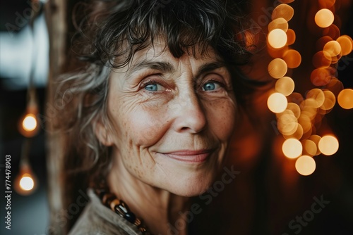 Portrait of a happy senior woman with bokeh background.
