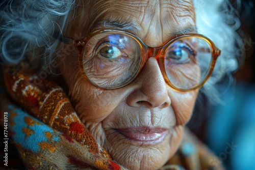 An elderly woman with glasses and a scarf wrapped around her neck