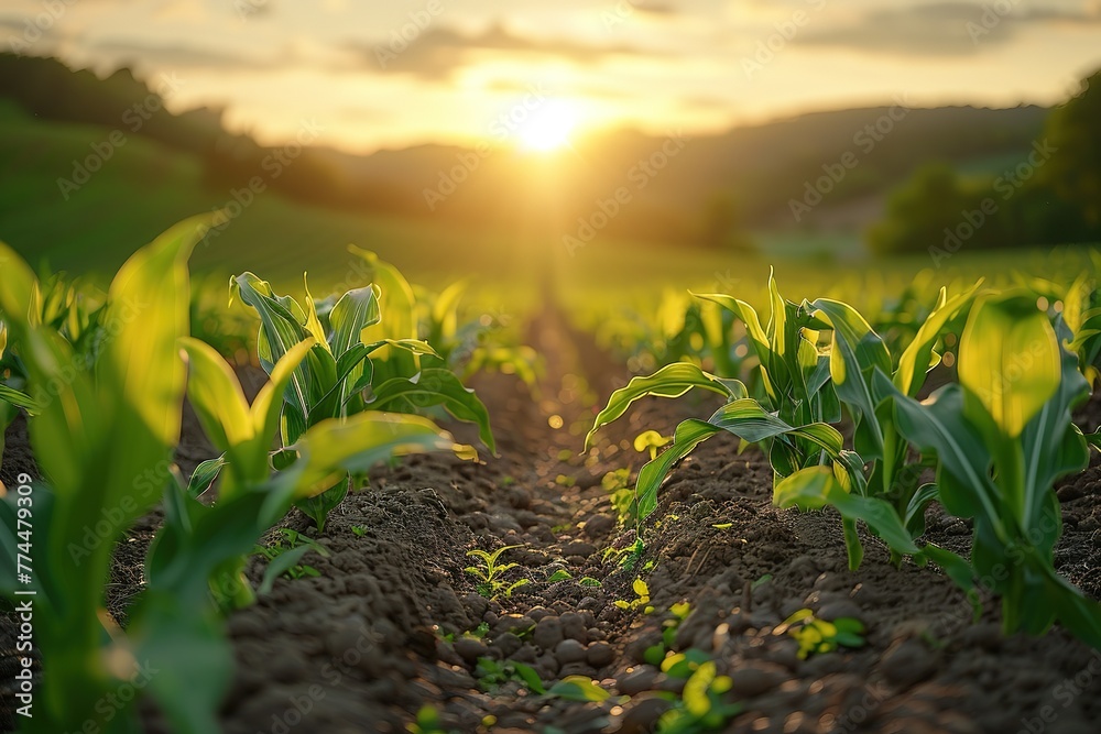 A field of green plants with a sun shining on them A field of green plants with a sun shining on them