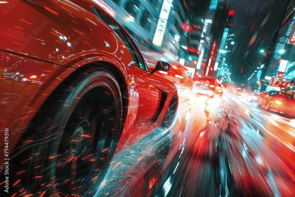 A hyperrealistic depiction of a high-speed chase, the tension palpable as the cars weave through traffic with breathtaking precision.