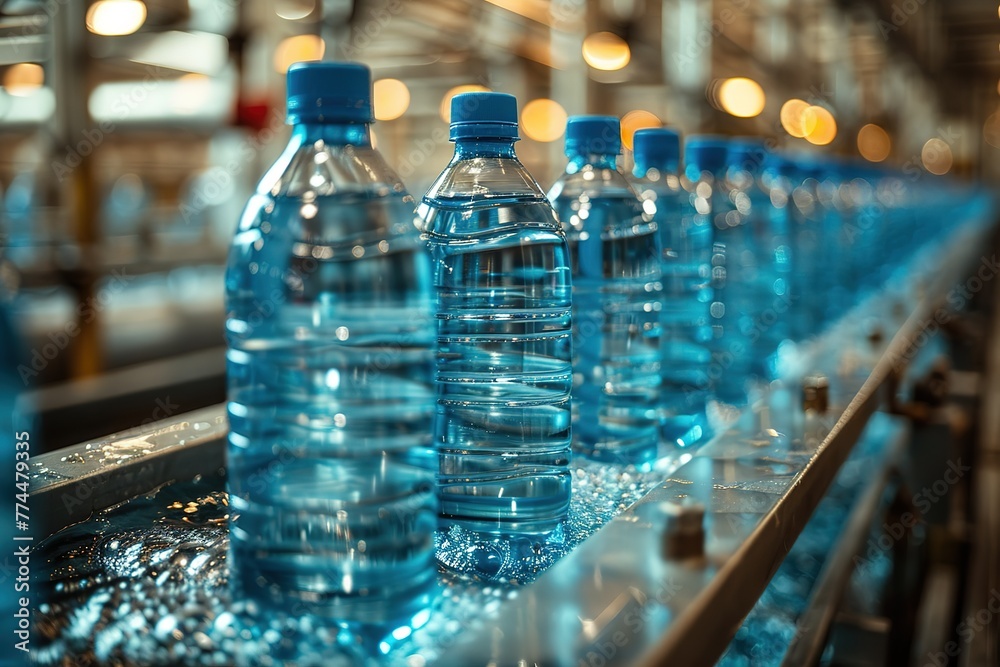 production line of water bottles at an industrial plant, with several blue plastic bottles being placed on it production line of water bottles at an industrial plant, with several blue plastic bottles being placed on it