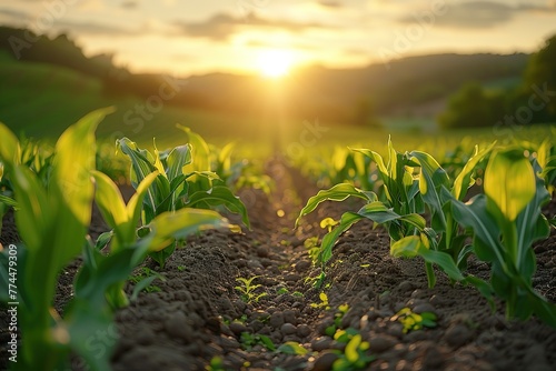 A field of green plants with a sun shining on them