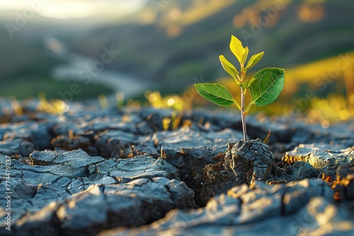 A small plant is growing in the middle of a rocky, barren landscape