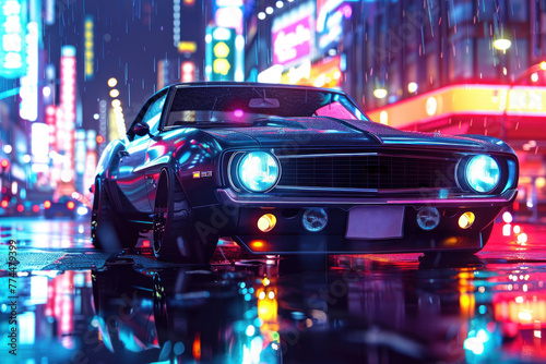 A sleek, hyperrealistic rendering of a classic muscle car, its chrome gleaming under the vibrant city lights. © 2D_Jungle