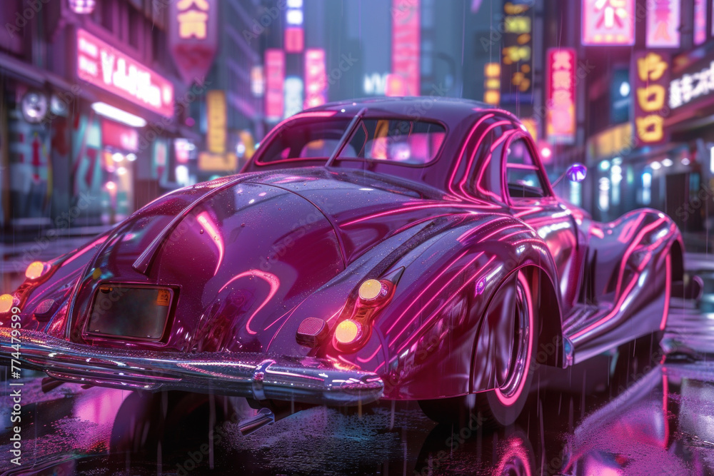 The glow of neon lights reflecting off the flawless paintwork of a vintage automobile, transporting viewers to a hyperrealistic urban landscape. The glow of neon lights reflecting off the flawless paintwork of a vintage automobile, transporting viewers to a hyperrealistic urban landscape.