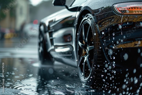 Raindrops cascading down the flawless surface of a sports car, the scene rendered with hyperrealistic clarity. © 2D_Jungle