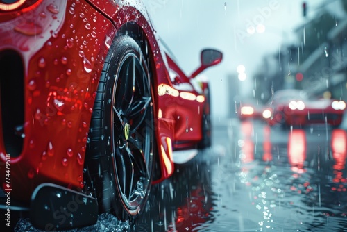 Raindrops cascading down the flawless surface of a sports car, the scene rendered with hyperrealistic clarity. photo