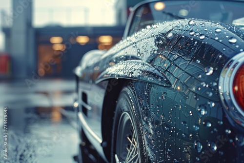 Sparkling droplets of water clinging to the flawless exterior of a freshly washed car, captured in hyperrealistic splendor.