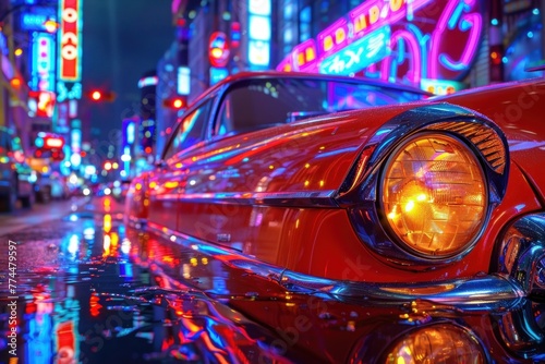 The glow of neon lights reflecting off the flawless paintwork of a vintage automobile, transporting viewers to a hyperrealistic urban landscape.