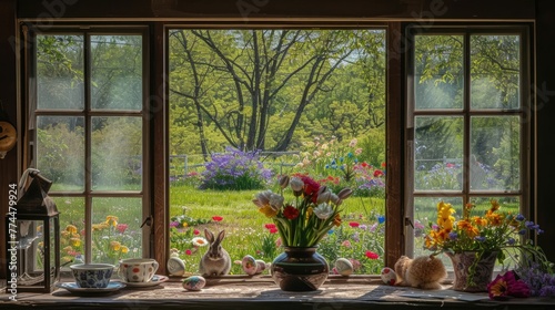 An art piece showcasing a rabbit sitting on a table in front of a window  set against a natural landscape with plants  flowers  and trees AIG42E