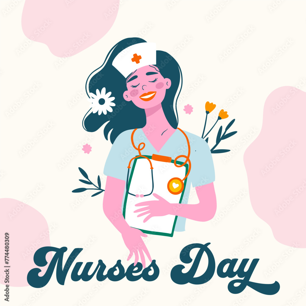 Obraz premium Happy Nurses Day. Vector greeting card for nurse woman. Professional medical holiday celebration in vector cartoon flat style with flowers