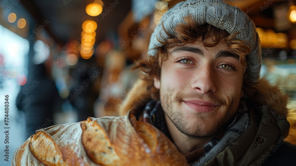Happy young man in winter gear taking a joyful bite from a fresh baguette