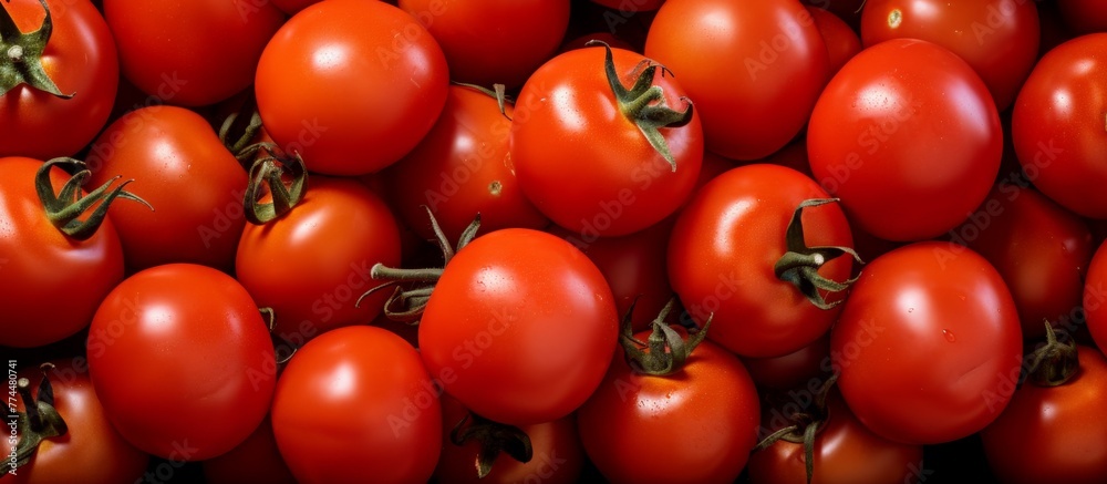 Close-up view showing a stack of ripe tomatoes, each with a fresh green stem, placed together
