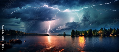 A dramatic scene as lightning strikes over a serene lake surrounded by lush trees and rugged rocks, illuminating the dark sky