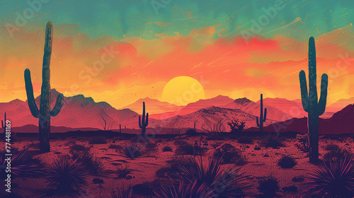 illustration of psychedelic style cactus and desert at the sunrise