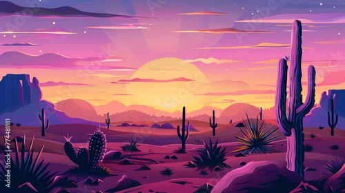 illustration of  psychedelic style cactus and desert at the sunrise photo
