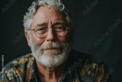 Portrait of an old man with a gray beard and glasses.