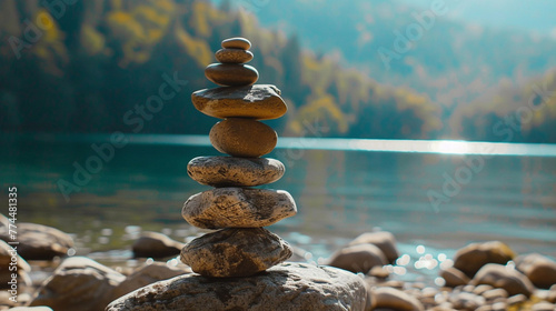 Balancing stones and landscape with lake and hills