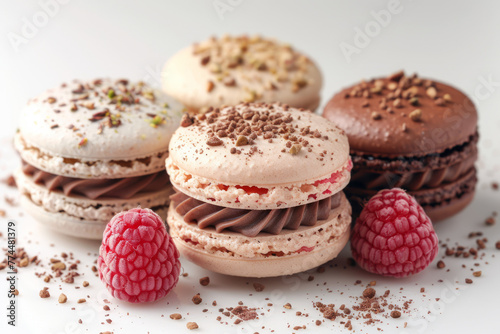 three appetizing macaroons, one with pistachio flavour, vanilla and raspberry on white background.generative ai