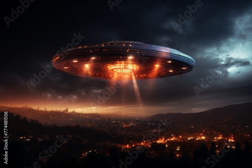 Futuristic UFO Hovers Over City at Night, Illuminating the Sky with Bright Lights. 3D Rendering of Dark UFO in Urban Environment Creates Mysterious Sci-Fi Atmosphere.